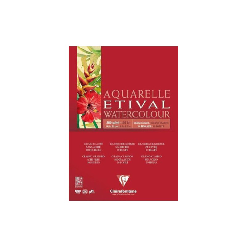 Blocco per acquerello Clairefontaine Etival a grana A5 200 g, 10 fogli, collato su un lato - 96373C Blocco per acquerello Clairefontaine Etival a grana A5 200 g, 10 fogli, collato su un lato - 96373C