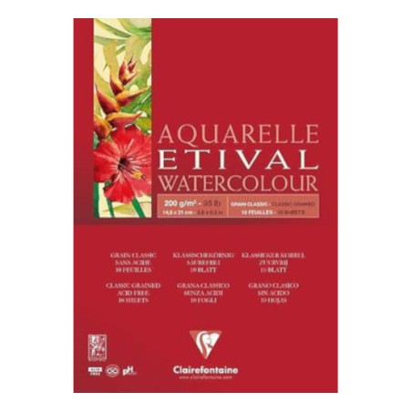 Blocco per acquerello Clairefontaine Etival a grana A5 200 g, 10 fogli, collato su un lato - 96373C
