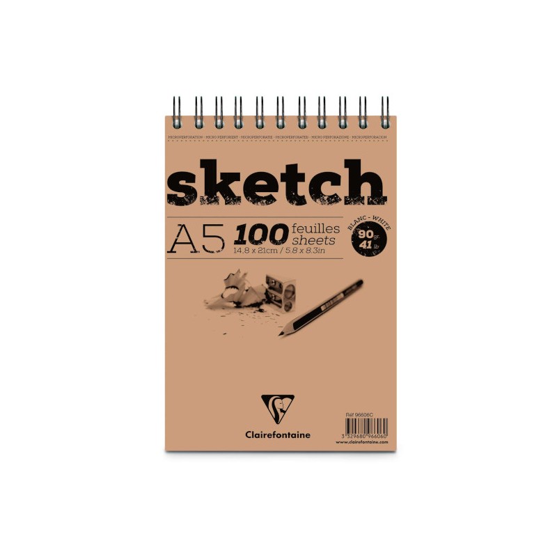 Blocco per schizzi Clairefontaine Sketch A5 90 g, 100 fogli, a spirale - 96606C Blocco per schizzi Clairefontaine Sketch A5 90 g, 100 fogli, a spirale - 96606C