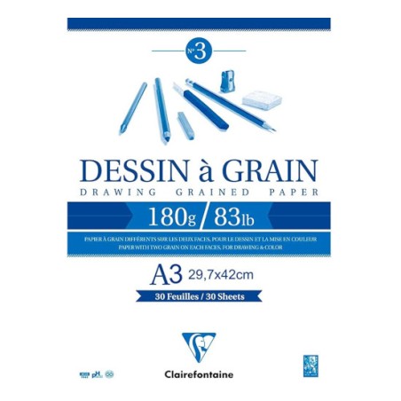 Blocco da disegno Clairefontaine Dessin à Grain a grana A3 180 g, 30 fogli, collato su un lato - 96622C
