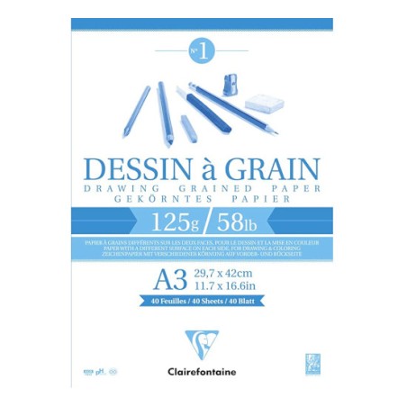 Blocco da disegno Clairefontaine Dessin à Grain a grana A3 125 g, 40 fogli, collato su un lato - 96682C