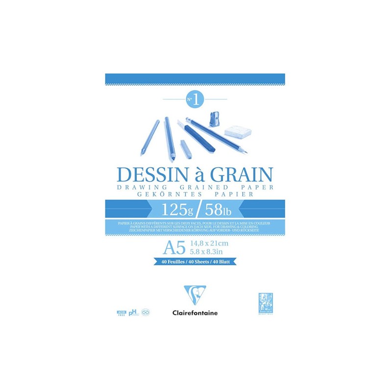 Blocco da disegno Clairefontaine Dessin à Grain a grana A5 125 g, 40 fogli, collato su un lato - 96686C Blocco da disegno Clairefontaine Dessin à Grain a grana A5 125 g, 40 fogli, collato su un lato - 96686C