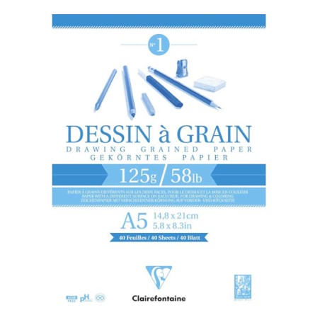 Blocco da disegno Clairefontaine Dessin à Grain a grana A5 125 g, 40 fogli, collato su un lato - 96686C