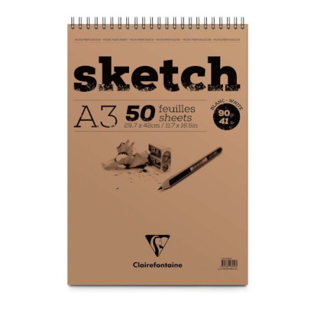 Blocco per schizzi Clairefontaine Sketch A3 90 g, 50 fogli, a spirale - 96902C