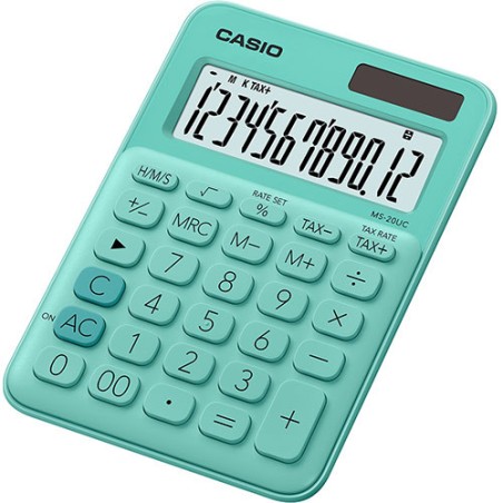 Casio MS-20UC calcolatrice da tavolo mini 12 cifre, calcolo del tempo e delle imposte, verde pastello
