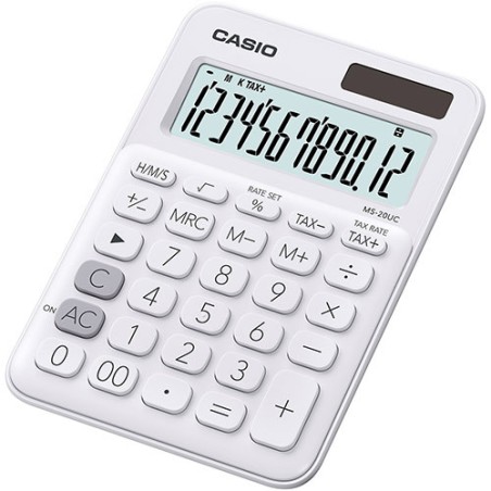 Casio MS-20UC calcolatrice da tavolo mini 12 cifre, calcolo del tempo e delle imposte, bianca