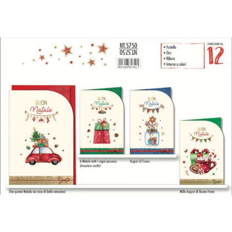 1 - Biglietti Natale sagomati Macchinina -12pz NT5750