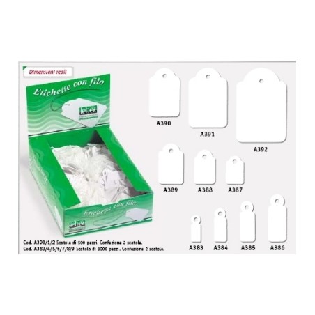 500 pz Etichette con filo Lebez A392 36x53 mm, cartellini bianchi per prezzi