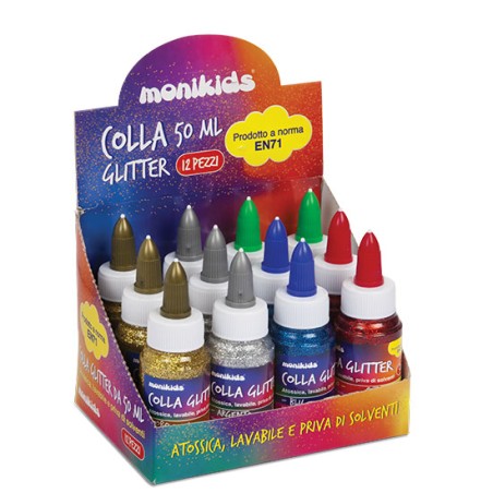 1 - 12 PEZZI BLISTER COLLA GLITTER GLUE 50ml ASSORTITI 22/058