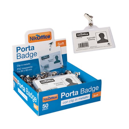 1 - NIKOFFICE Conf.50 pz Porta Badge Soft con Clip in Metallo 9x5,5cm 03/001