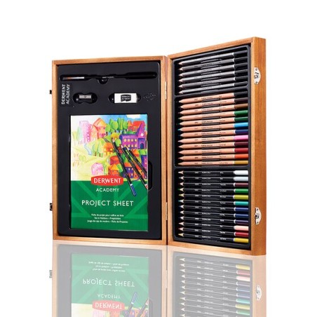 Derwent Academy set arte in cassetta di legno: 12 pastelli, 12 acquerellabili, 6 matite, pennello, gomma, temperino e blocco