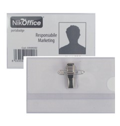 1 - NIKOFFICE Conf.50 pz Porta Badge Trasparente con Clip+Spilla 9x5,5cm 03/002
