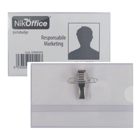 1 - NIKOFFICE Conf.50 pz Porta Badge Trasparente con Clip+Spilla 9x5,5cm 03/002