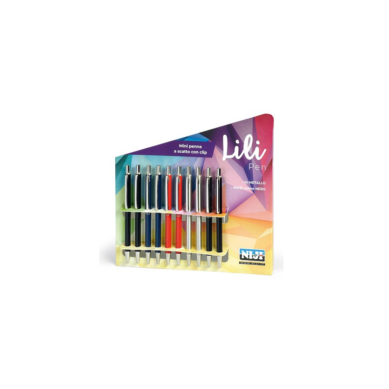 Mini penna a sfera Niji Lili in metallo, a scatto con clip, refill nero, espositore da 10 pezzi - 1301 Mini penna a sfera Niji Lili in metallo, a scatto con clip, refill nero, espositore da 10 pezzi - 1301