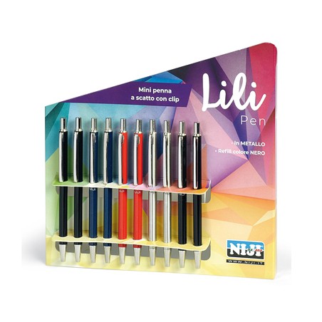 Mini penna a sfera Niji Lili in metallo, a scatto con clip, refill nero, espositore da 10 pezzi - 1301