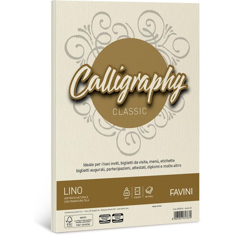 CARTOTECNICA FAVINI Risma Effetto Lino 02 Avorio A4 200gr 50 Fogli A69Q614