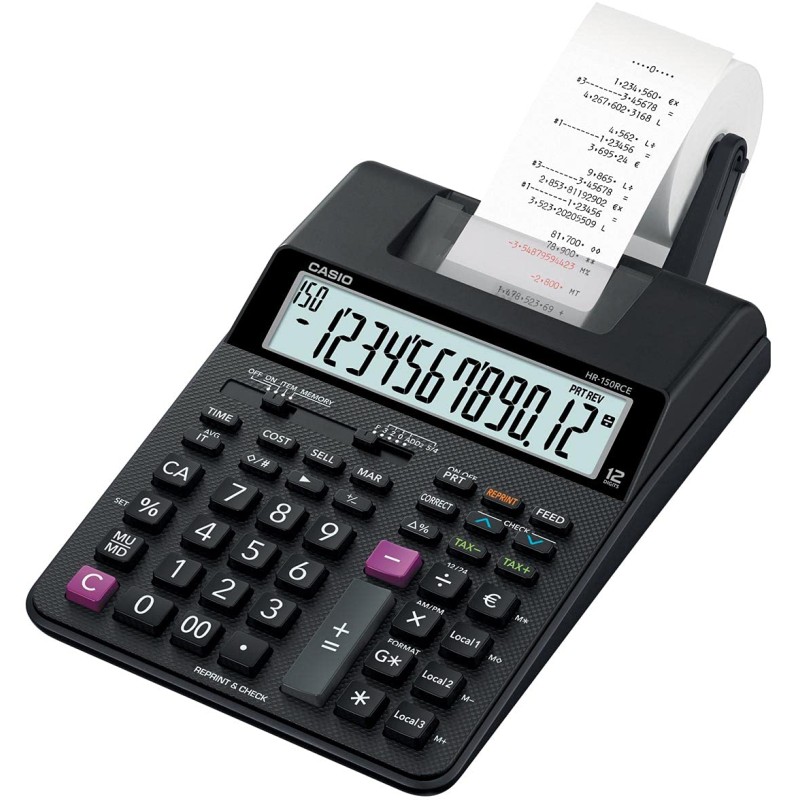 Casio HR-150RCE-WB calcolatrice scrivente 12 cifre, stampa a due colori, controllo in 150 passi, cambio valuta, nera