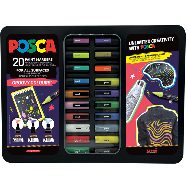 Valigetta in Metallo Uni Posca Groovy Colours" - Set di 20 Pennarelli Assortiti" Valigetta in Metallo Uni Posca Groovy Colours" - Set di 20 Pennarelli Assortiti"