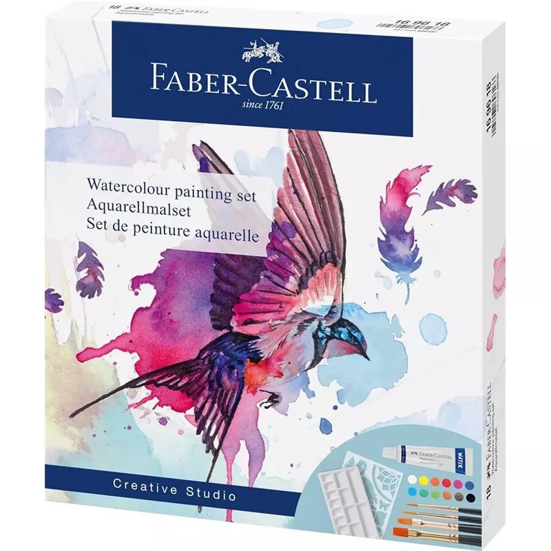 SET PAINTING SET AQUARELL FABER CASTELL 12 tempere acquerello + 4 pennelli + 1 stencil +1 vaschetta 169618 SET PAINTING SET AQUARELL FABER CASTELL 12 tempere acquerello + 4 pennelli + 1 stencil +1 vaschetta 169618