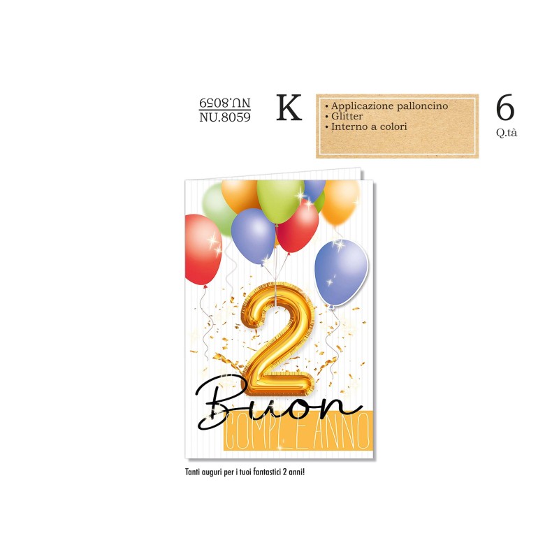 Cromo Biglietti Buon Compleanno 2 anni palloncino 6pz NU8059 Cromo Biglietti Buon Compleanno 2 anni palloncino 6pz NU8059