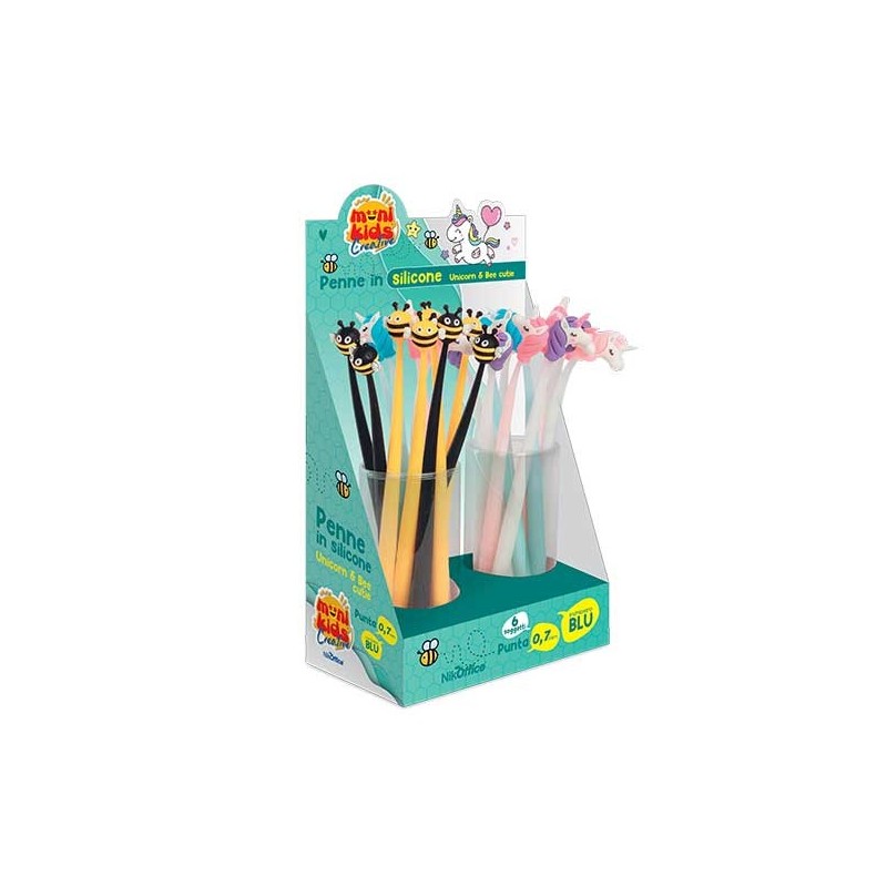 Kawaii Penne in Silicone Mini Kids Unicorn & Bee Punta 0.7 mm Inchiostro Blu 24 pz 20/239