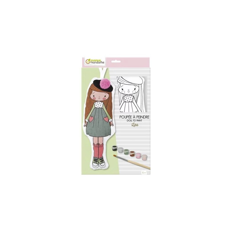 Bambolina in tessuto da dipingere Avenue Mandarine Lisa, 29 cm, con 6 colori e pennello - PP040C