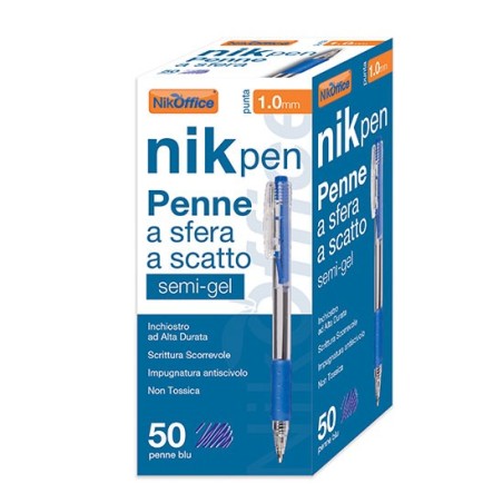 Nikoffice Penna a sfera semigel a scatto 1.0 mm inchiostro blu 50 pz 20/119
