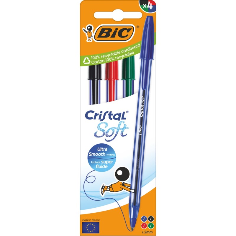 BIC Cristal Soft penna a sfera punta media 1.2 mm 4 colori assortiti 516343 BIC Cristal Soft penna a sfera punta media 1.2 mm 4 colori assortiti 516343