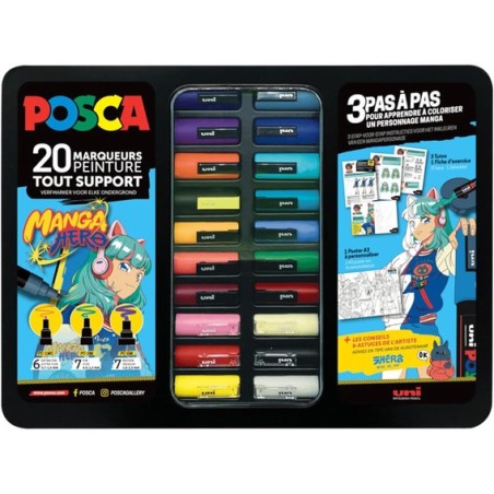Valigetta in Metallo Uni Posca Manga Hero" Set di 20 Pennarelli Assortiti"
