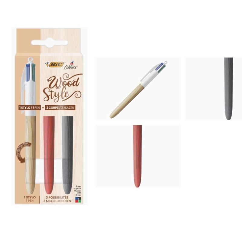 BIC 4 Colours Wood Style penna a sfera 4 colori punta media 1,0 mm con 2 corpi intercambiabili effetto legno BIC 4 Colours Wood Style penna a sfera 4 colori punta media 1,0 mm con 2 corpi intercambiabili effetto legno