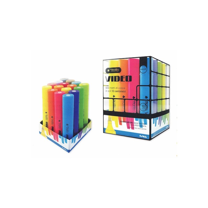 Tratto Video cubo espositore 16 evidenziatori colori assortiti punta a scalpello F880300 Tratto Video cubo espositore 16 evidenziatori colori assortiti punta a scalpello F880300