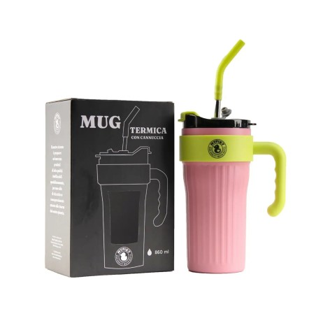 Mypiky mug termica 860 ml in acciaio con cannuccia rosa