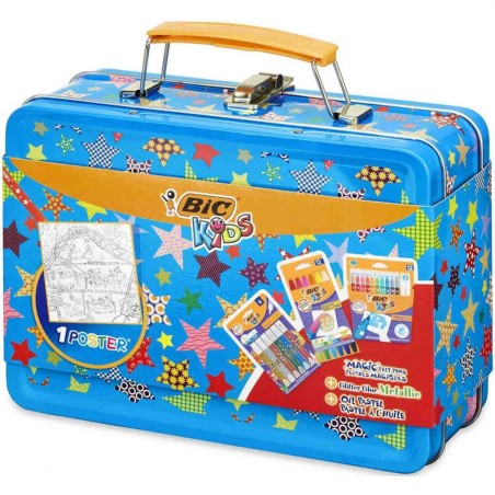 BIC Kids valigetta colori in metallo Lunch Box con pennarelli magici, pastelli a olio e colle glitter 9420991