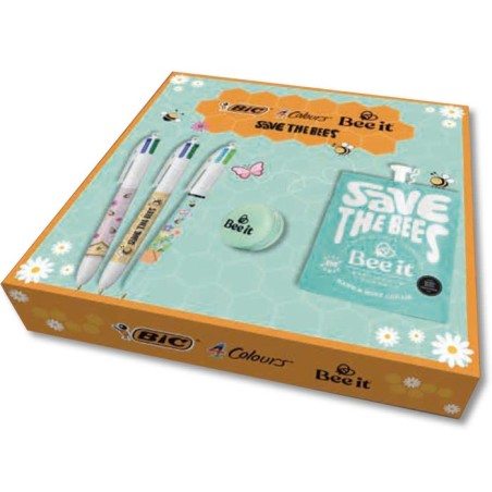 BIC 4 Colours Save the Bees cofanetto regalo 3 penne a sfera 4 colori + crema mani e corpo Bee it 50 ml 303440