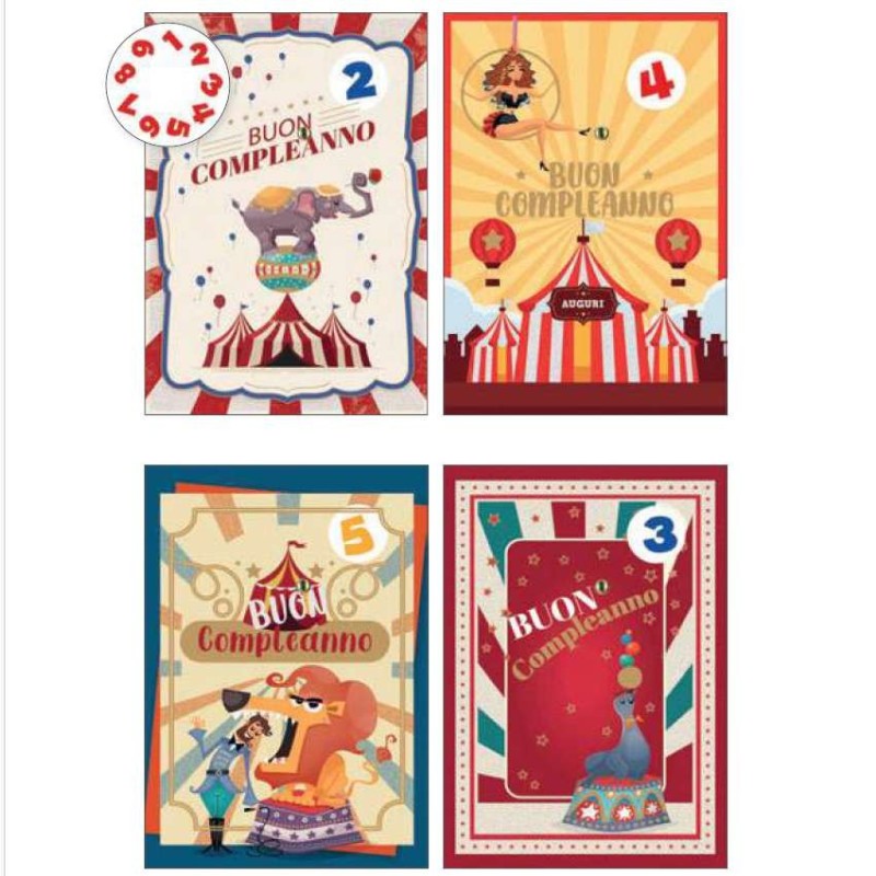 Cecami biglietti Buon Compleanno bimbi con rotella 1-9 Circo, 12 pezzi assortiti con busta – FA00198BC/12