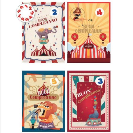 Cecami biglietti Buon Compleanno bimbi con rotella 1-9 Circo, 12 pezzi assortiti con busta – FA00198BC/12