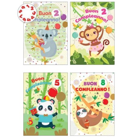 Cecami biglietti Buon Compleanno bimbi con rotella 1-9 Jungle, 12 pezzi assortiti con busta – FA00199BC/12