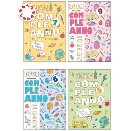 Cecami biglietti Buon Compleanno bimbi con rotella 1-9 FA00197BC, 12 pezzi assortiti con busta – FA00197BC/12