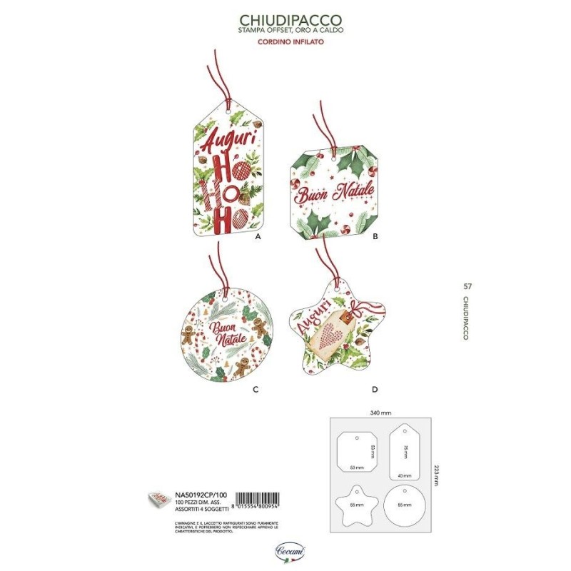 Cecami chiudipacco di Natale singoli con cordino e oro a caldo NA50192CP, 100 pezzi in 4 soggetti – NA50192CP/100 Cecami chiudipacco di Natale singoli con cordino e oro a caldo NA50192CP, 100 pezzi in 4 soggetti – NA50192CP/100