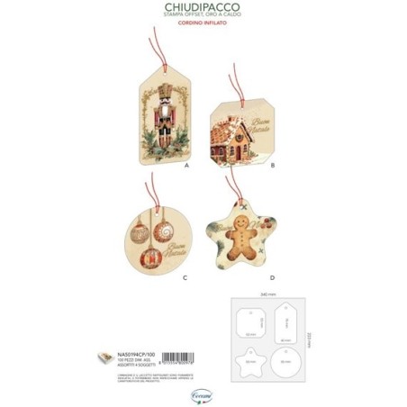 Cecami chiudipacco di Natale singoli con cordino e oro a caldo NA50194CP, 100 pezzi in 4 soggetti – NA50194CP/100