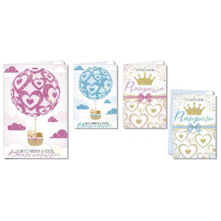 Cromo biglietti d'auguri Nascita Principe & Principessa, 12 pezzi in 4 soggetti – NA6080