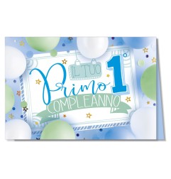 Cromo biglietti d'auguri Numero 1 azzurro, palloncini e stelline, 6 pezzi – NU6761