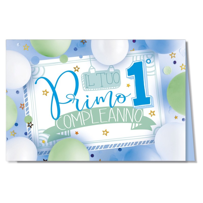 Cromo biglietti d'auguri Numero 1 azzurro, palloncini e stelline, 6 pezzi – NU6761