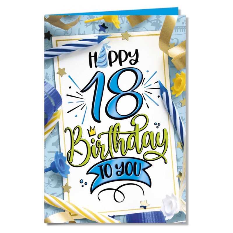 Cromo biglietti d'auguri 18 azzurro, ori e rilievi, candeline e nastri, 6 pezzi – NU6764 Cromo biglietti d'auguri 18 azzurro, ori e rilievi, candeline e nastri, 6 pezzi – NU6764