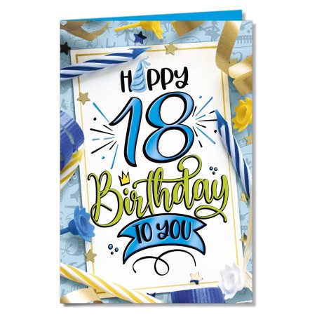 Cromo biglietti d'auguri 18 azzurro, ori e rilievi, candeline e nastri, 6 pezzi – NU6764