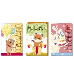 Cromo biglietti d'auguri Buon Compleanno animaletti assortiti, 12 pezzi in 3 soggetti – BC8109