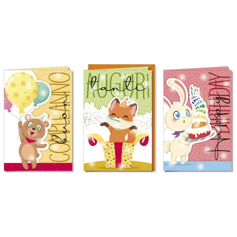 Cromo biglietti d'auguri Buon Compleanno animaletti assortiti, 12 pezzi in 3 soggetti – BC8109 Cromo biglietti d'auguri Buon Compleanno animaletti assortiti, 12 pezzi in 3 soggetti – BC8109
