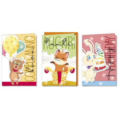 Cromo biglietti d'auguri Buon Compleanno animaletti assortiti, 12 pezzi in 3 soggetti – BC8109