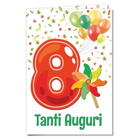 Cromo biglietti d'auguri Numeri 8 anni, girandola e palloncini, 6 pezzi – NU7287