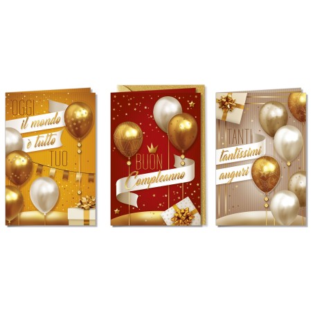 Cromo biglietti d'auguri Buon Compleanno palloncini, 12 pezzi in 3 soggetti – BC7331